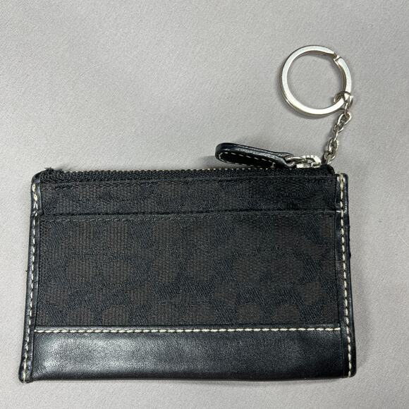COACH Keychain Coin Purse Wallet Black Signature Jacquard & Leather Trim - Picture 4 of 12